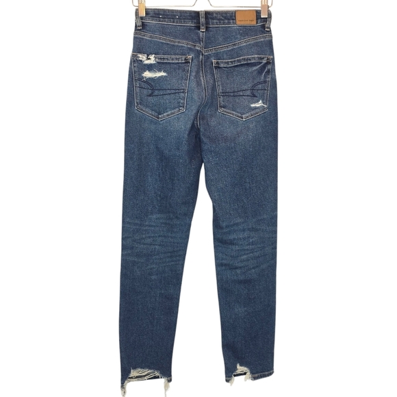 AMERICAN EAGLE Mom Jeans Stretch Distressed Raw Hem Women 2 High Rise Blue Denim - Picture 5 of 12